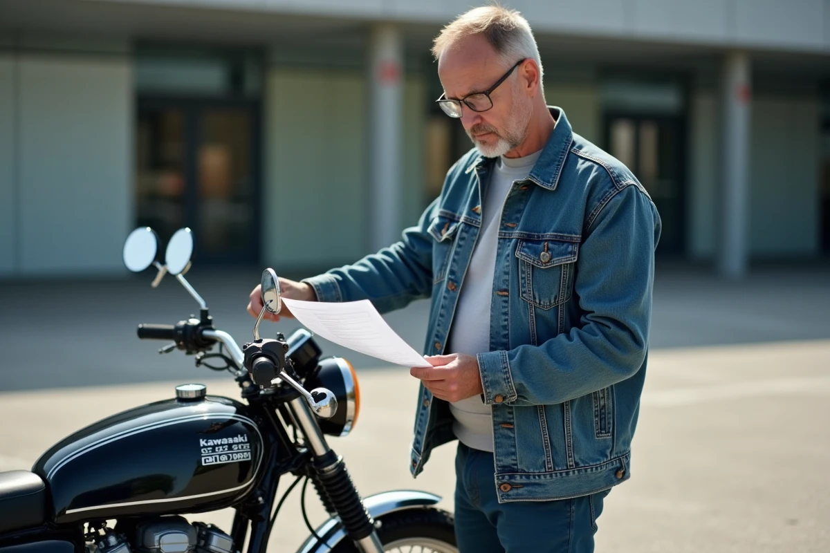 Homme vérifiant documents pour Kawasaki KZ 400 à la préfecture