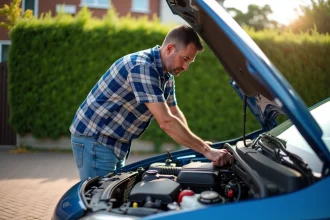 Homme vérifiant le niveau d'huile sous le capot d'une voiture