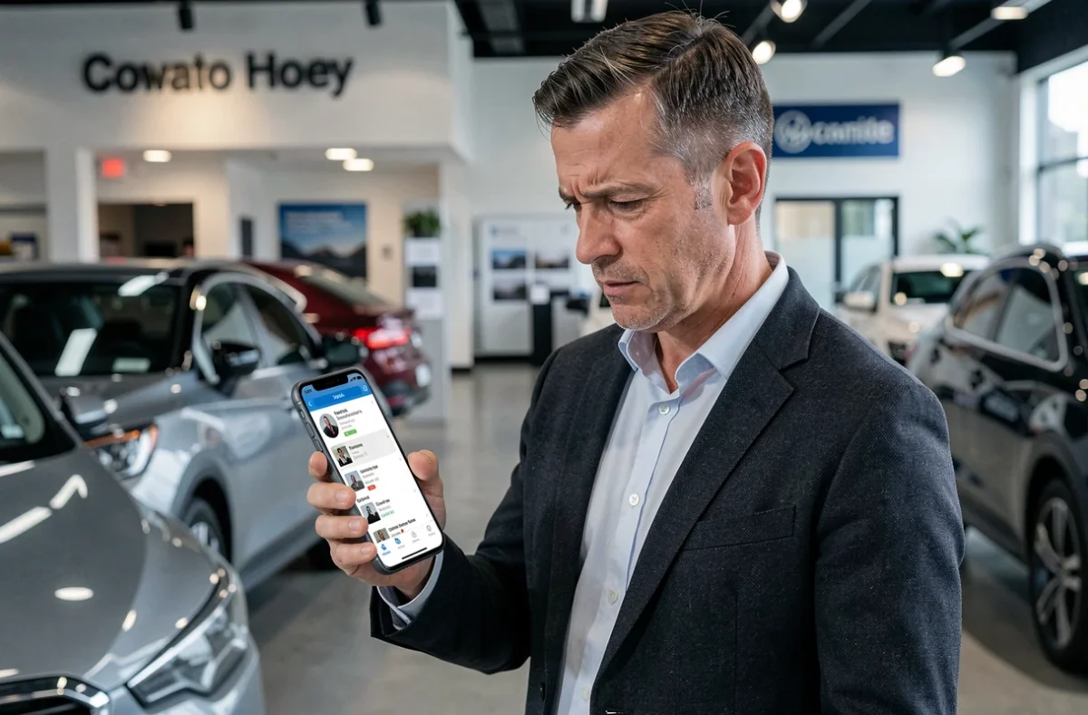 Homme vérifiant des avis Transakauto sur son smartphone dans une concession automobile moderne