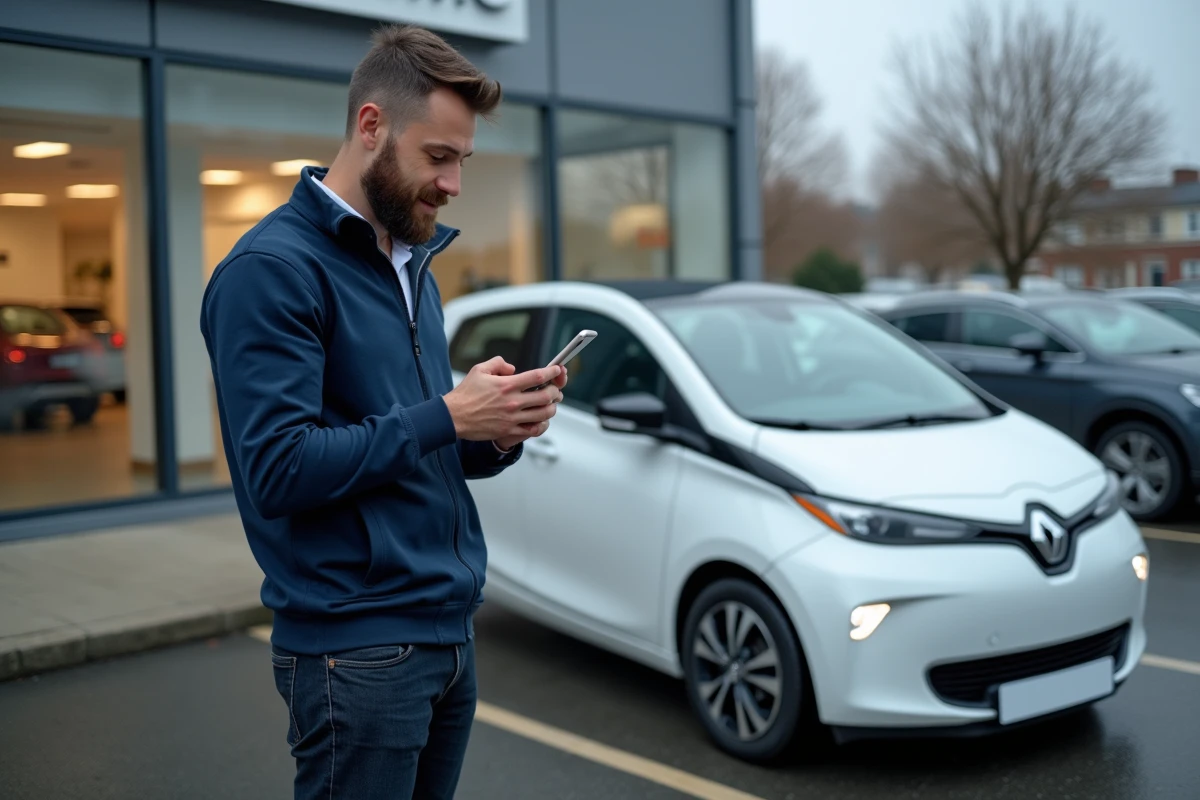 Homme vérifiant des informations Wikipédia sur son téléphone devant une Peugeot 208 blanche chez un concessionnaire