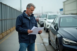 Homme d'âge moyen vérifiant un véhicule lors d'une inspection extérieure