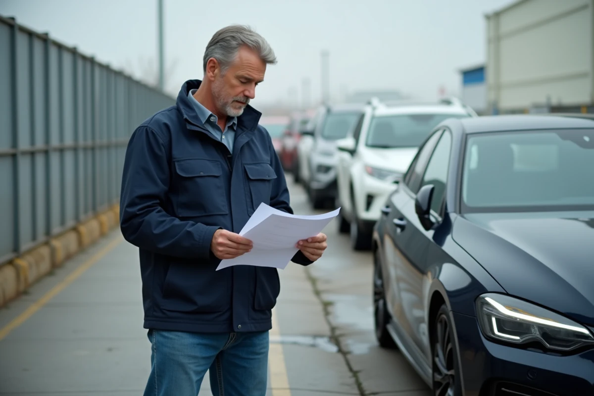 Homme d'âge moyen vérifiant un véhicule lors d'une inspection extérieure