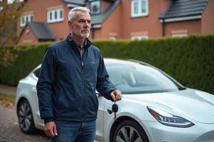Homme d'âge moyen avec voiture électrique blanche
