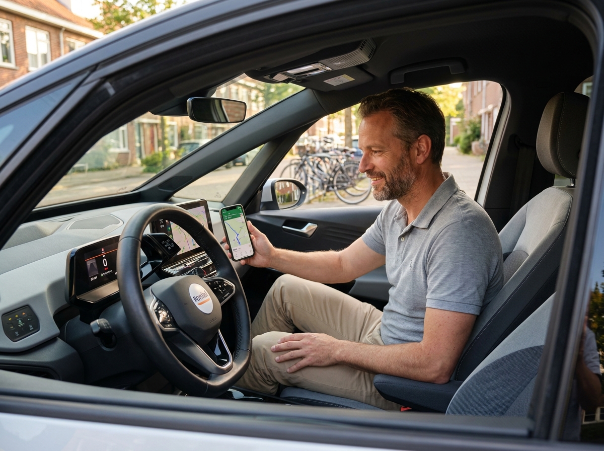 Homme assis dans une petite voiture électrique de location consultant son smartphone pour réserver sans permis