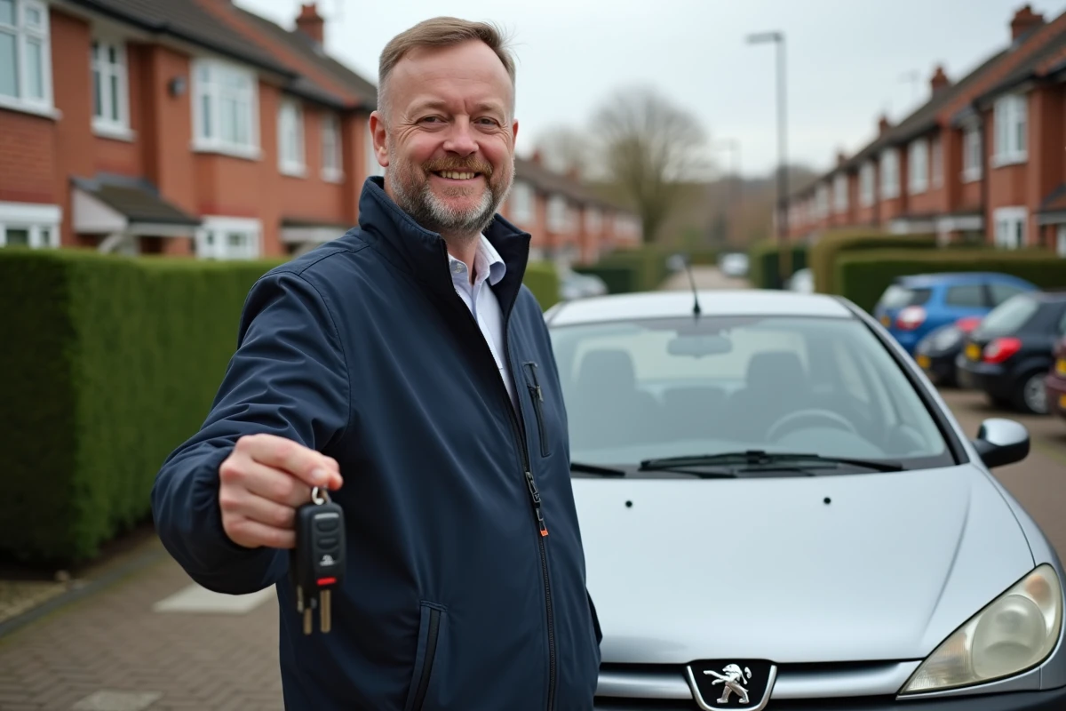 Homme souriant avec clé devant sa Peugeot 206
