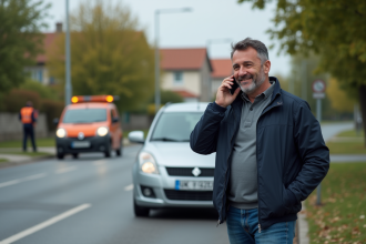 Homme au téléphone près de sa voiture en banlieue française