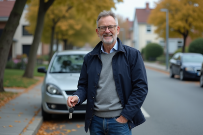 Homme d'âge moyen avec voiture en quartier résidentiel