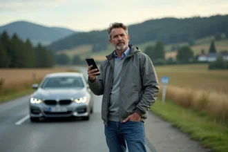 Homme d'âge moyen près de sa voiture en campagne