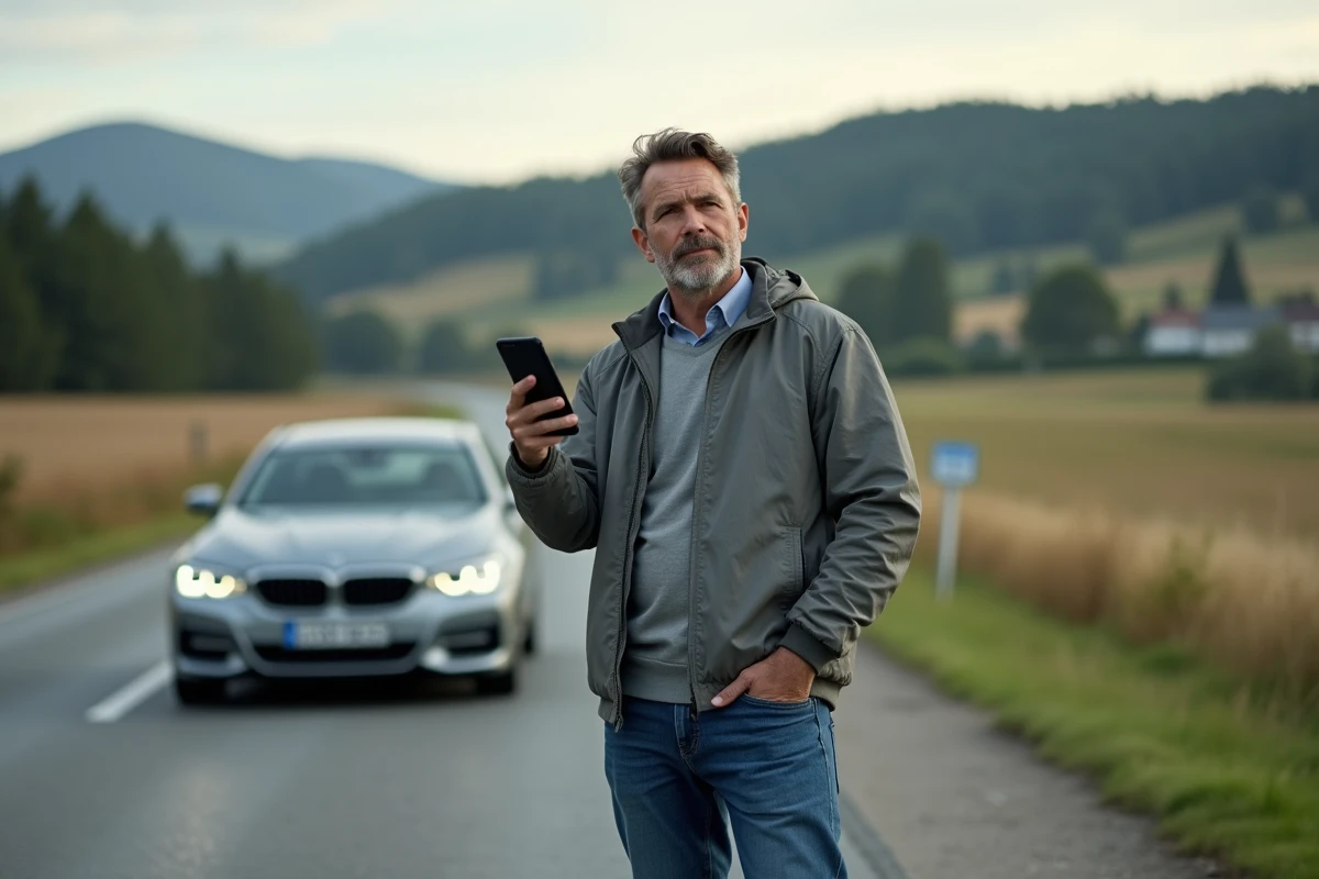 Homme d'âge moyen près de sa voiture en campagne