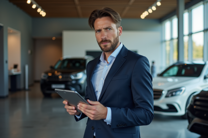 Homme professionnel en costume dans un showroom automobile