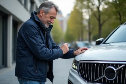 Homme examine le badge d'une voiture moderne en ville