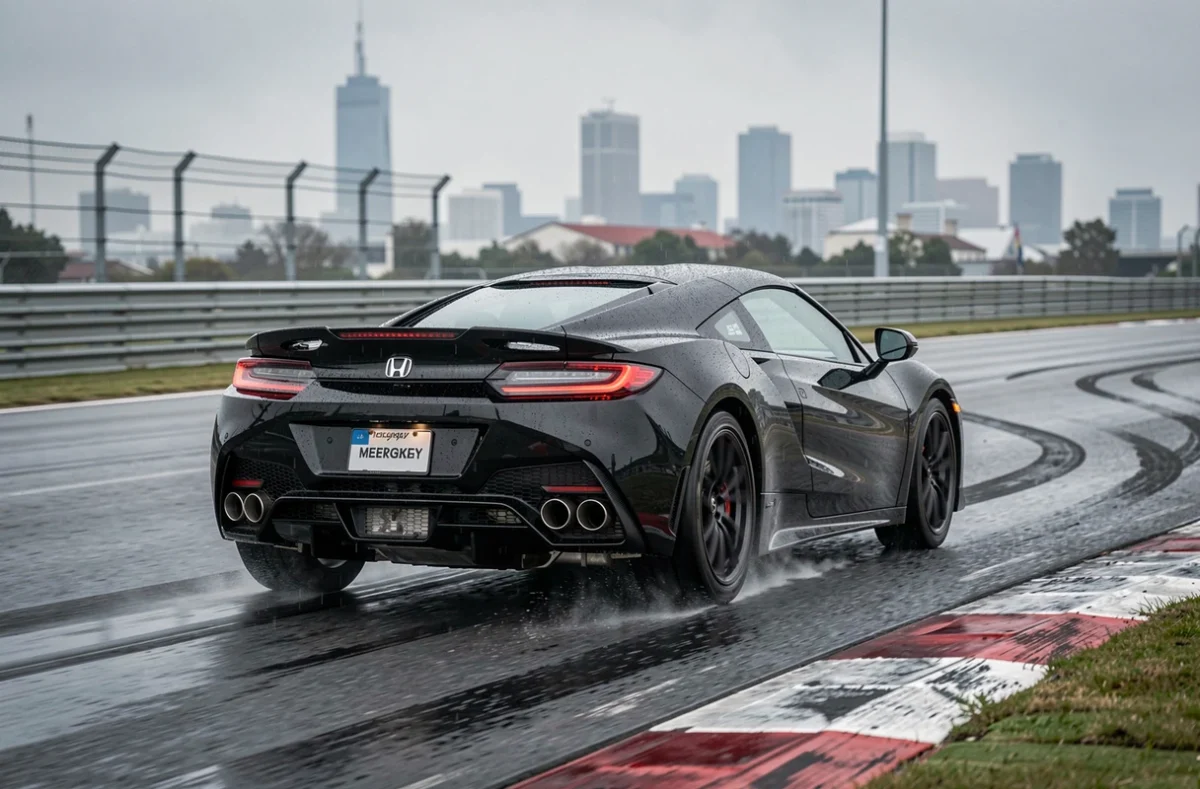 Honda NSX noire en pleine accélération sur circuit urbain mouillé, vue arrière 3/4 depuis la hauteur de la piste avec reflets sur la carrosserie