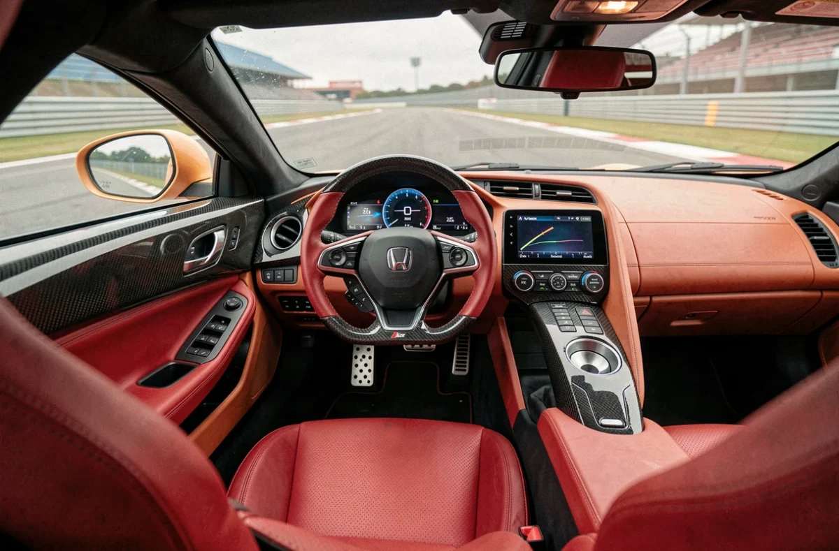 Intérieur de la Honda NSX avec volant en fibre de carbone, sièges en cuir rouge et tableau de bord numérique, vue depuis la position du conducteur sur circuit