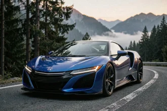 Honda NSX Nouvelle Blue Pearl garée sur une route de montagne sinueuse au crépuscule, vue en perspective 3/4 avant mettant en valeur ses lignes aérodynamiques