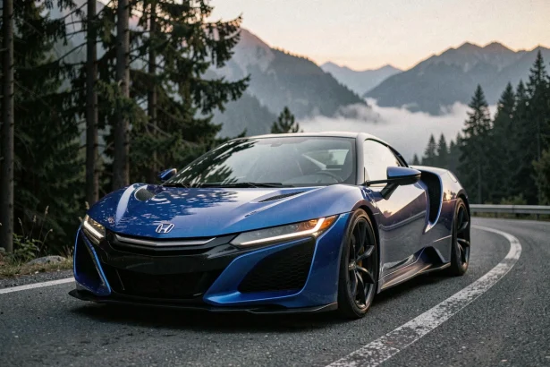 Honda NSX Nouvelle Blue Pearl garée sur une route de montagne sinueuse au crépuscule, vue en perspective 3/4 avant mettant en valeur ses lignes aérodynamiques