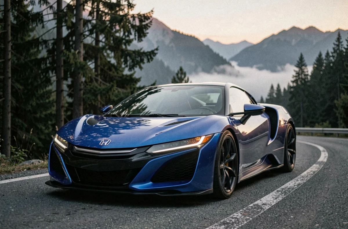 Honda NSX Nouvelle Blue Pearl garée sur une route de montagne sinueuse au crépuscule, vue en perspective 3/4 avant mettant en valeur ses lignes aérodynamiques