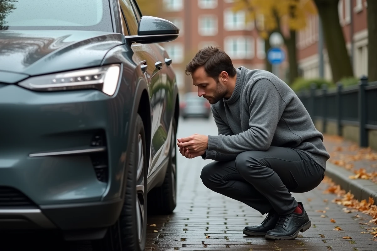 Propriétaire de voiture électrique inspectant un dommage sur la carrosserie de son SUV électrique garé dans une rue résidentielle