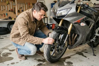 Acheteur débutant inspectant les fourches et freins d'une Suzuki GSX-R d'occasion dans un garage