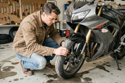Acheteur débutant inspectant les fourches et freins d'une Suzuki GSX-R d'occasion dans un garage