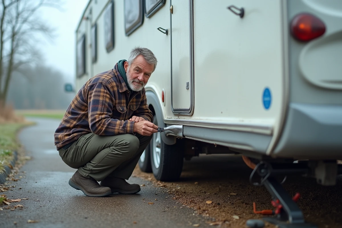 Homme inspectant l'isolation sous une caravane d'occasion hivernisée garée sur une allée de gravier en campagne française