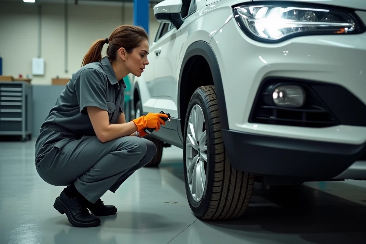 Technicienne automobile inspectant la carrosserie et les freins d'un Seat avant signature de l'achat