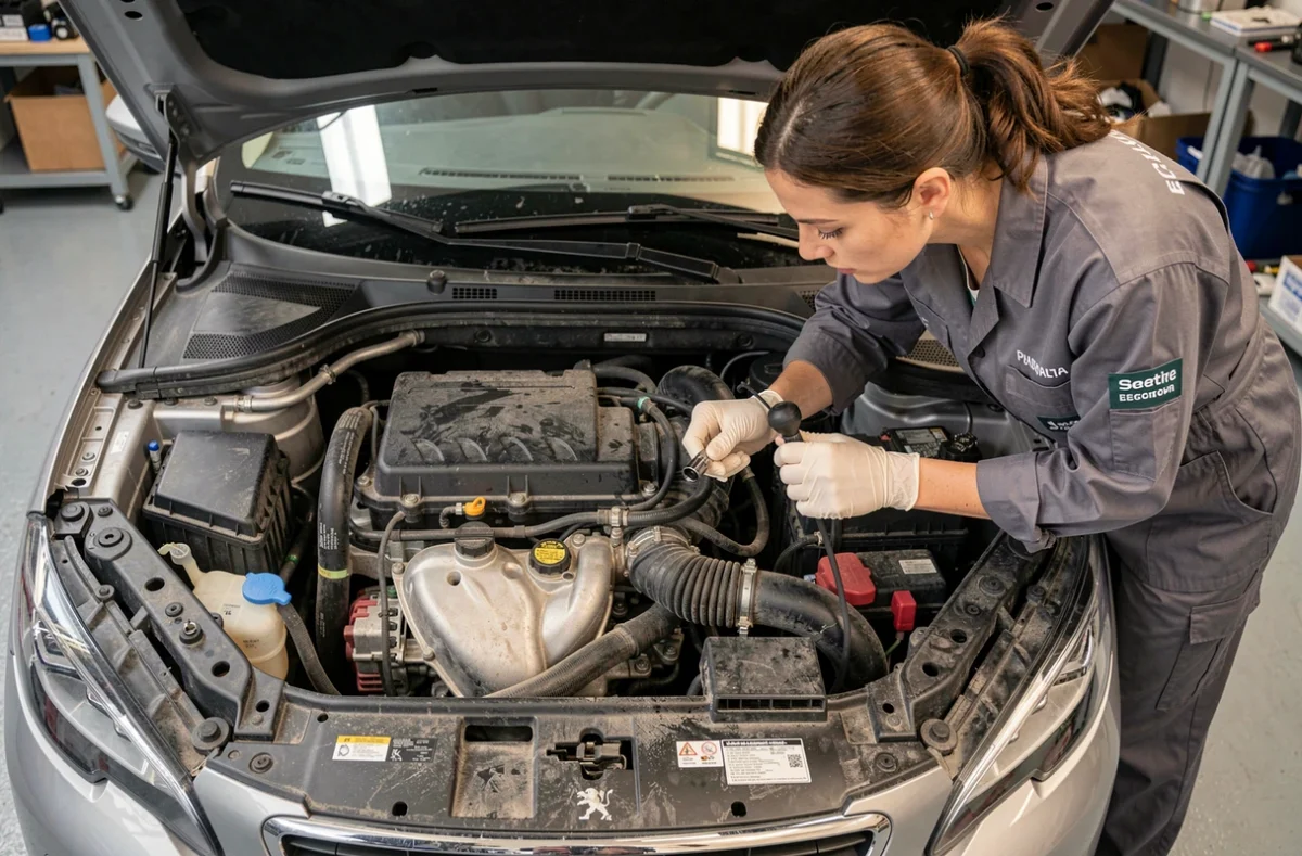Technicienne inspectant le moteur 1.2 PureTech 130 d'une Peugeot 2026 dans un atelier mécanique professionnel