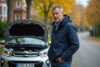 Homme inspectant le moteur d'une voiture compacte en extérieur