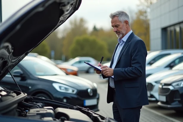Homme inspectant le moteur d'une voiture d'occasion en extérieur