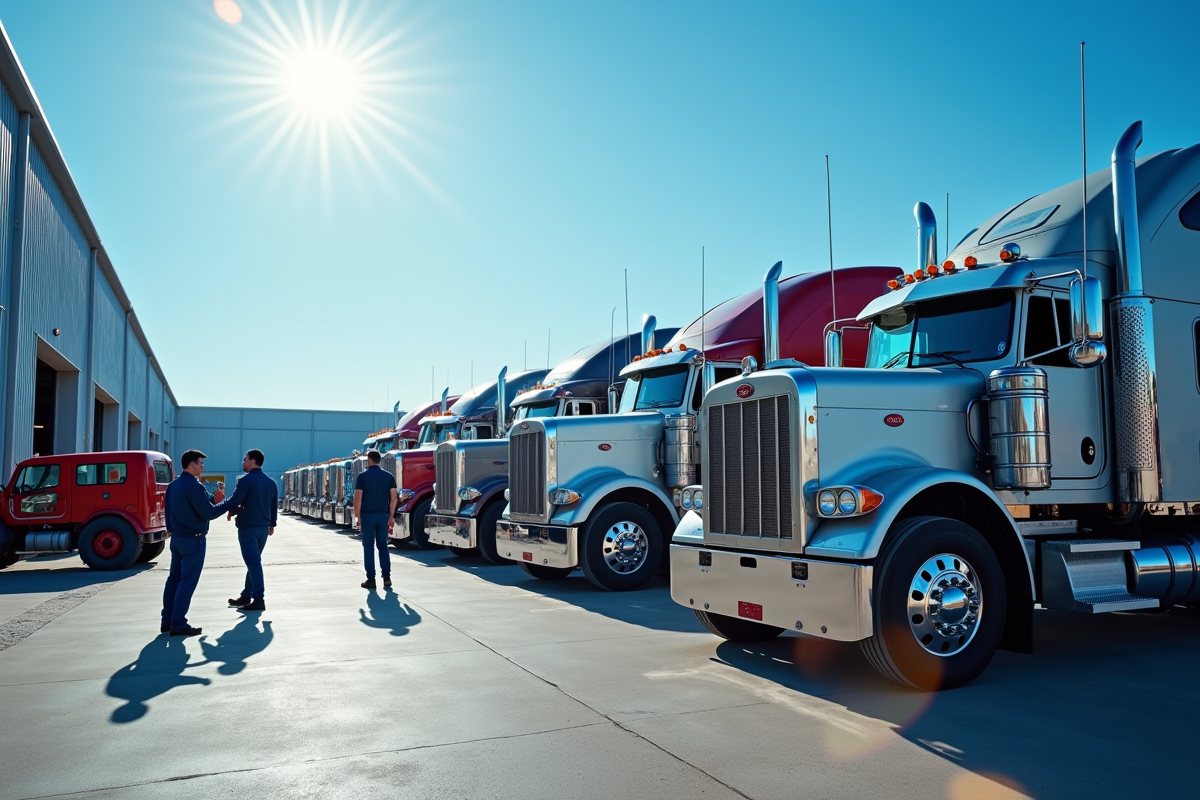 Techniciens inspectant des camions en plein air sous le soleil