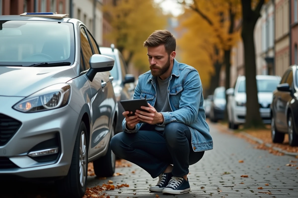 Jeune homme inspectant une voiture d'occasion avec une annonce Pifauto affichée sur tablette dans une rue résidentielle