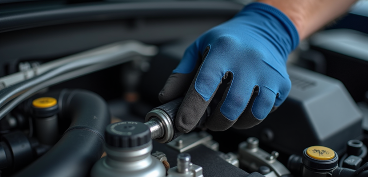 Mains gantées installant un capteur de pression turbo dans un moteur propre