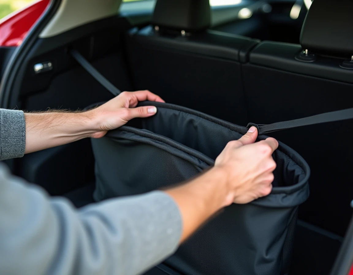 Gros plan sur des mains installant un filet de rangement velcro dans le coffre d'un Toyota C-HR avec bac de rangement pliable déjà en place