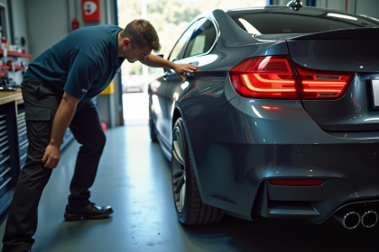 Personne installant une plaque d'immatriculation dans un garage lumineux
