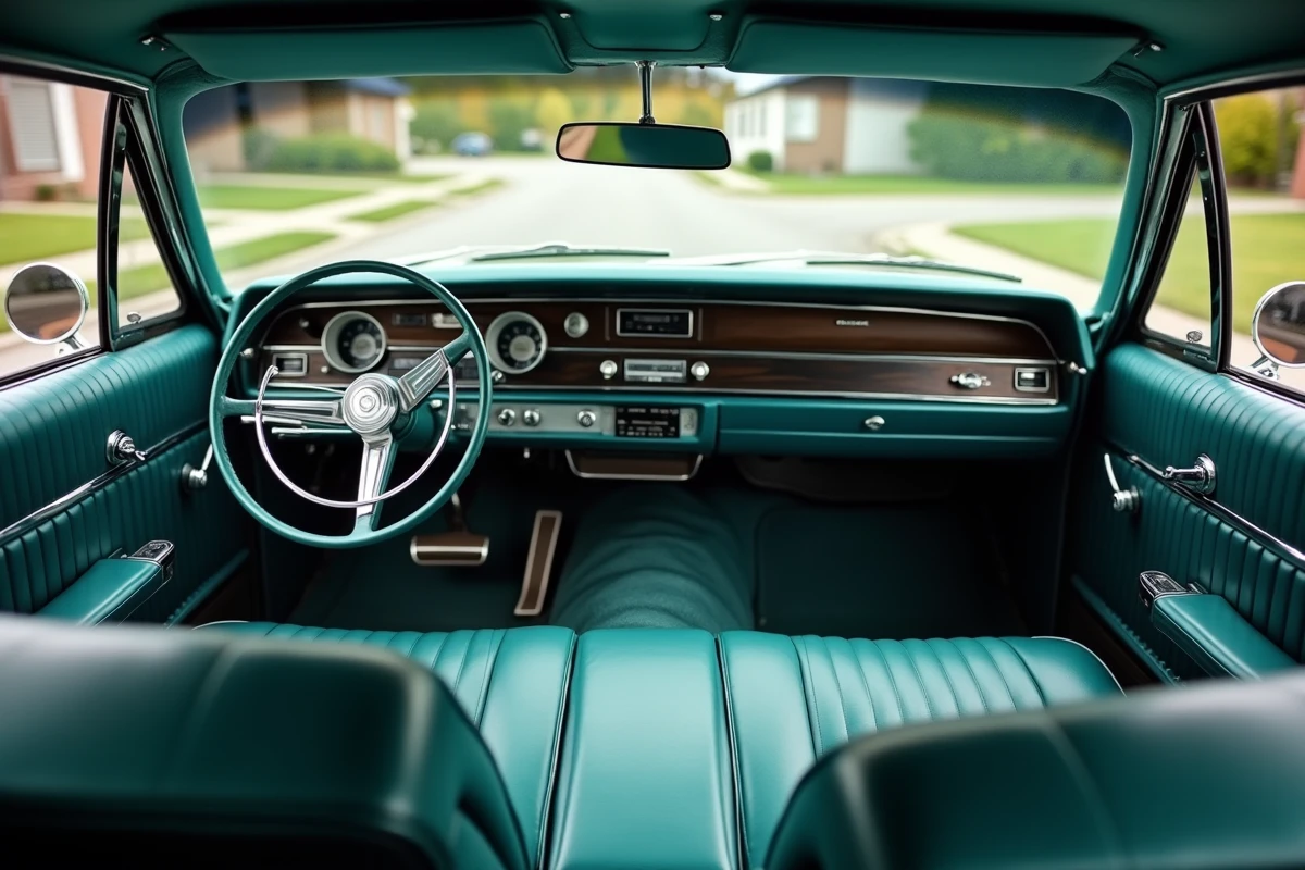 Intérieur original d'une Chevrolet Impala 1967 avec banquette avant en vinyle teal et tableau de bord d'époque