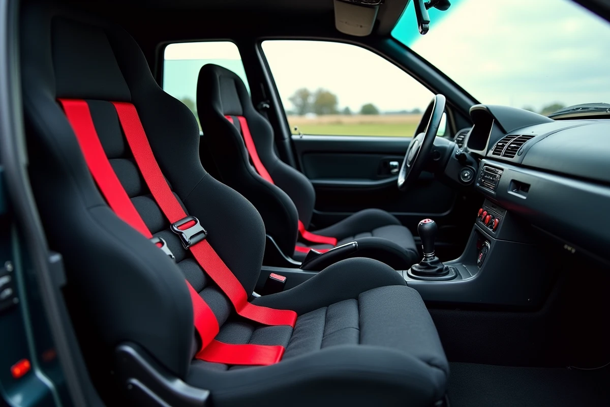 Intérieur cockpit d'une Peugeot 306 Maxi kit car homologuée route avec cage de sécurité et sièges baquet