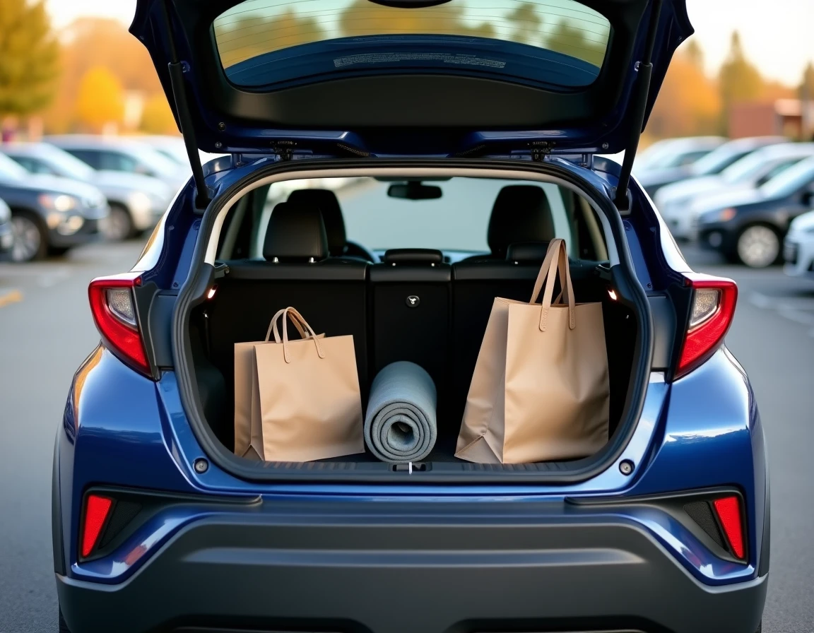 Vue intérieure du coffre Toyota C-HR avec organisateur modulaire rigide contenant sacs de courses, tapis de yoga et trousse de secours bien rangés