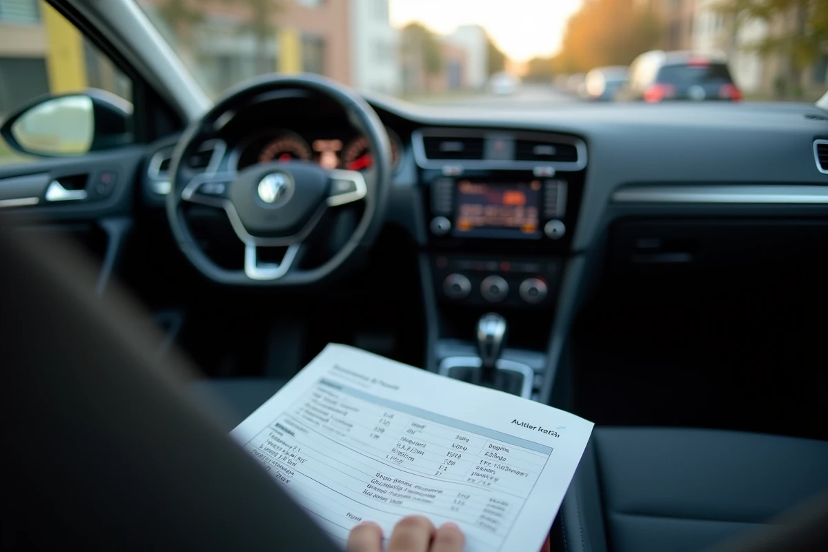 Intérieur de Golf 7 avec fiche technique de poids et performances posée sur le siège passager