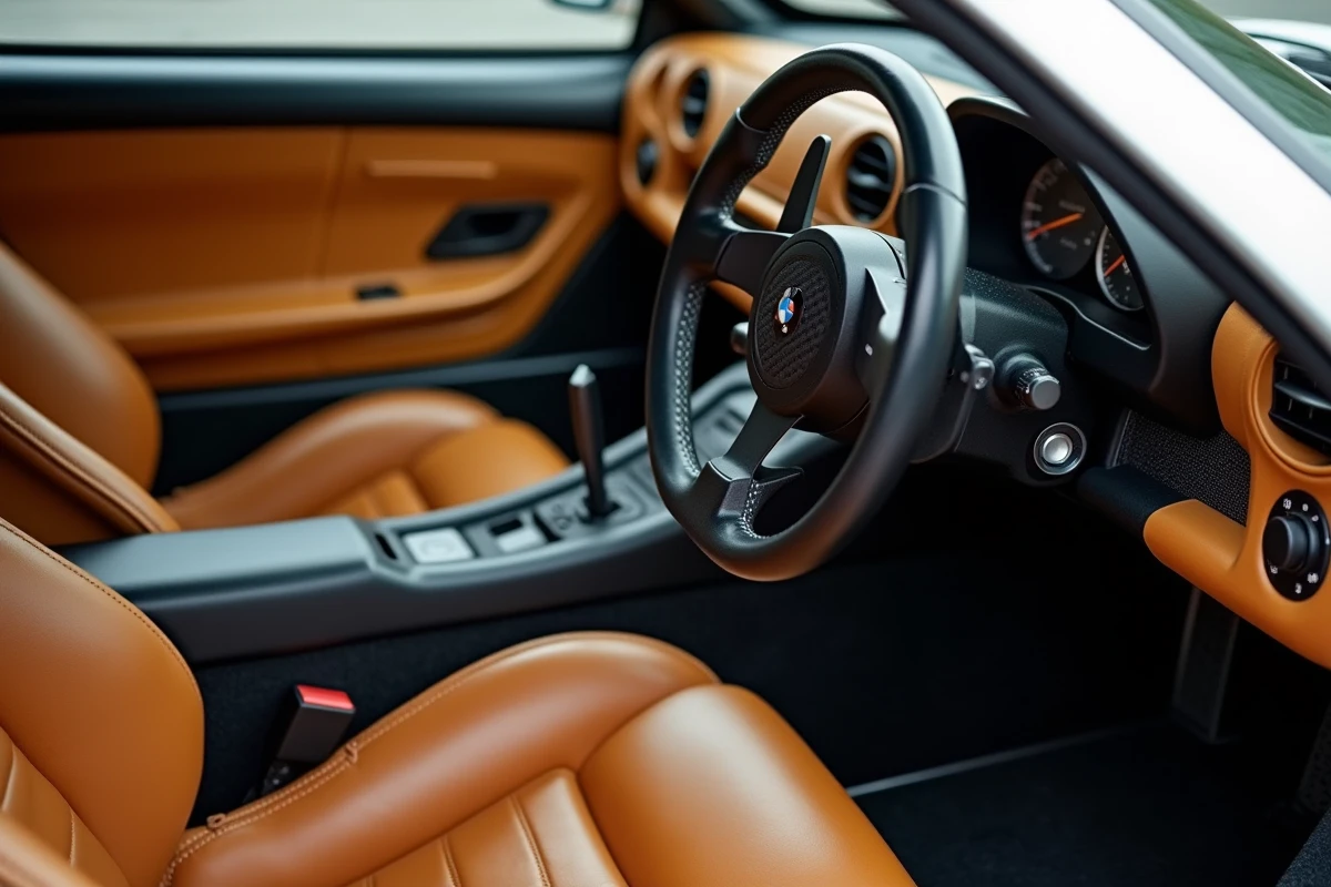 Intérieur original d'une McLaren F1 d'occasion avec siège central en cuir tan, tableau de bord carbone et compteurs BMW authentiques