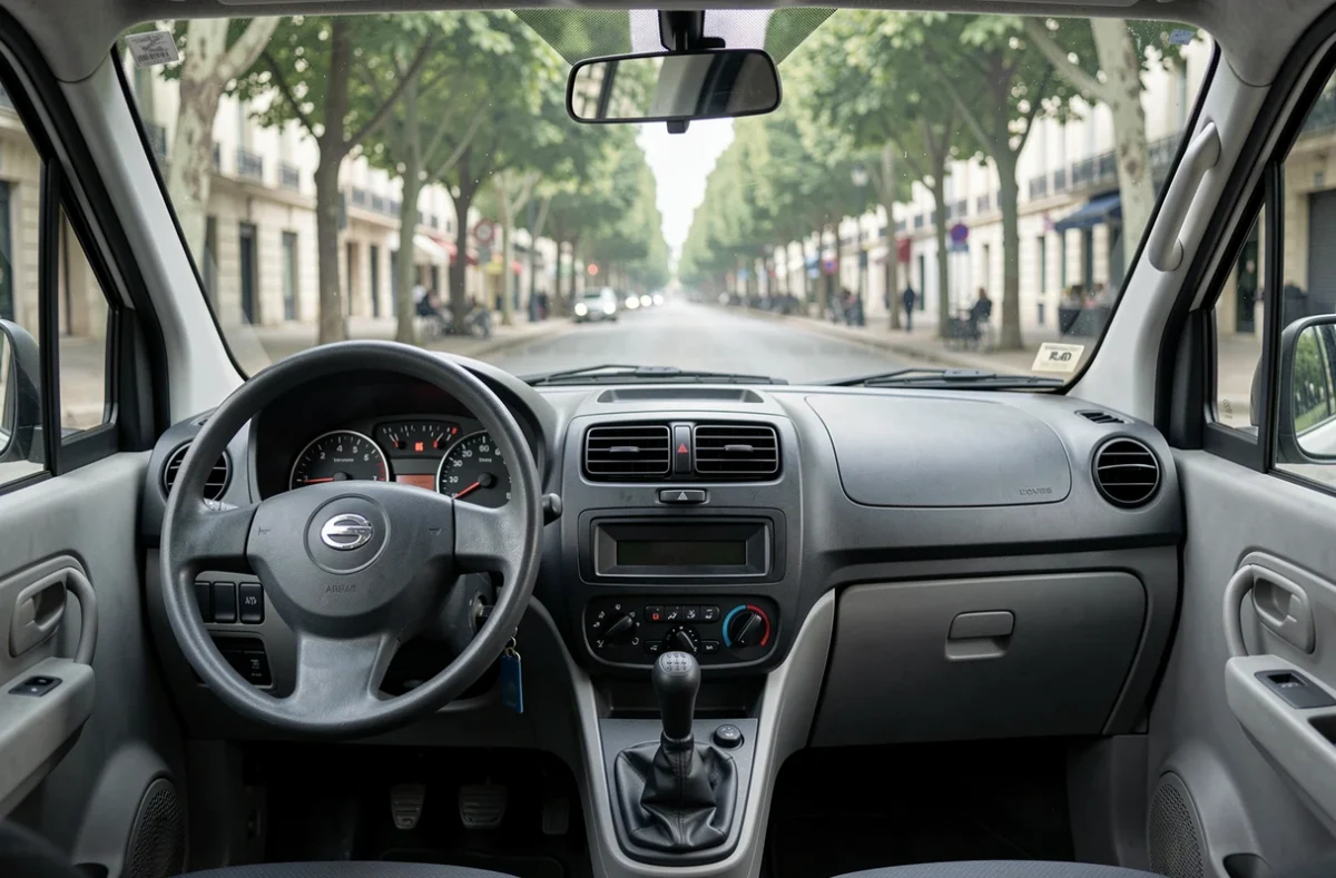 Intérieur et tableau de bord d'une voiturette sans permis avec vue sur un boulevard de Tours
