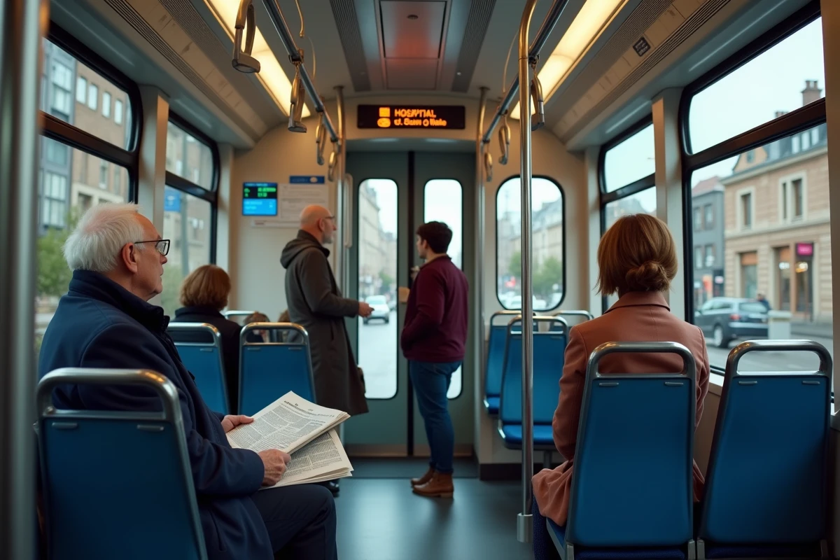 Intérieur du tramway ligne T5 avec passagers et affichage des arrêts vers l'hôpital