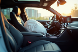 Intérieur d'une MercedesBenz avec airbag déployé en lumière naturelle