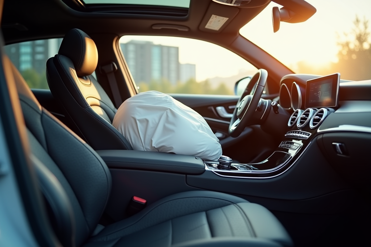 Intérieur d'une MercedesBenz avec airbag déployé en lumière naturelle