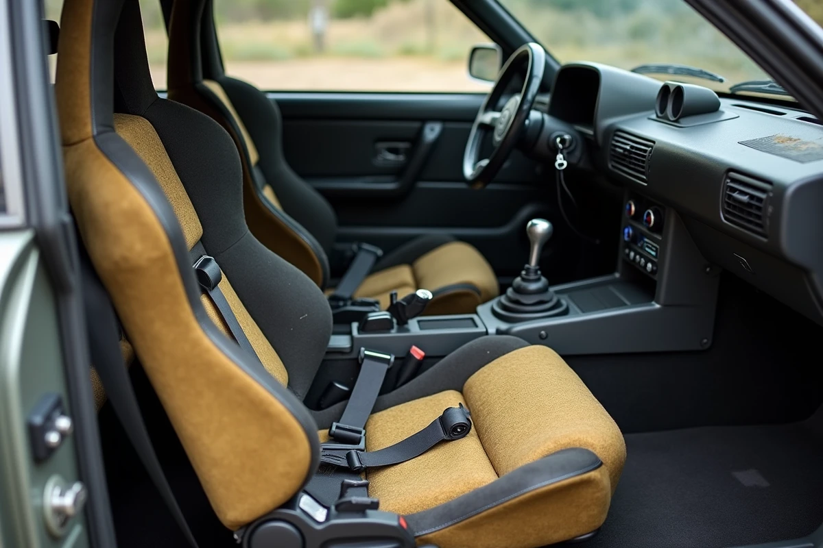 Intérieur d'une voiture de rallye occasion avec cage de sécurité, baquet et harnais usagés visibles