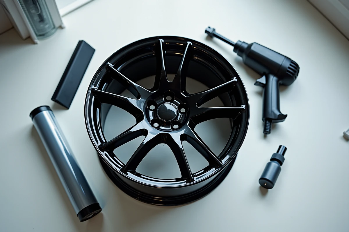 Jante en alliage enveloppée de film vinyle noir brillant avec outils de pose professionnels en vue aérienne
