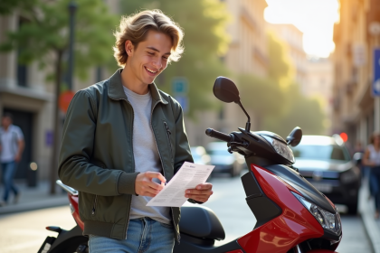 Jeune adulte vérifiant papiers avec moto 125cc en ville
