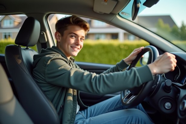 Jeune homme souriant au volant d'une voiture en extérieur