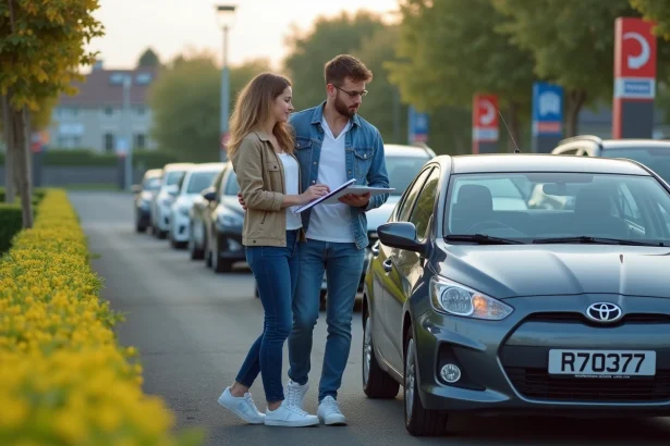 Jeune couple regardant une voiture en concession