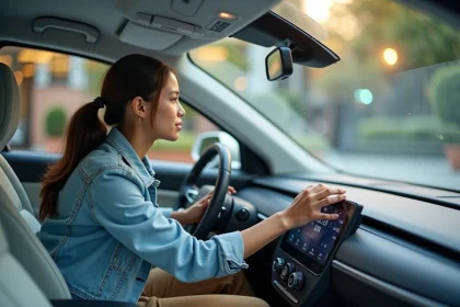 Jeune femme examine le tableau de bord d'une voiture électrique en ville