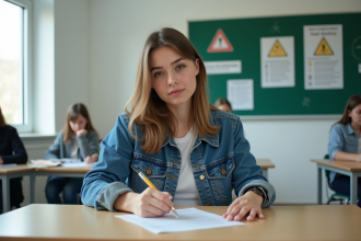 Jeune femme en classe de conduite en train de remplir un formulaire