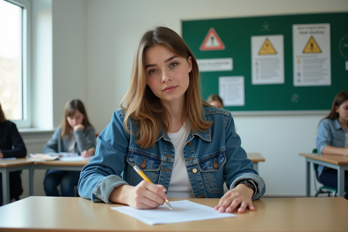 Jeune femme en classe de conduite en train de remplir un formulaire